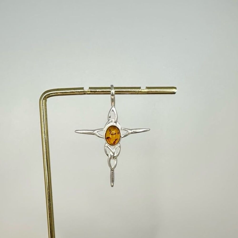 Sterling Silver Polish Baltic Amber Knotted Cross Pendant